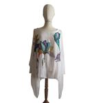 TUNICA, blusa, vestido en gasa de seda, color blanco dibujo de flores y mariposas