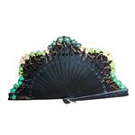 ABANICO baraja con calado,  color negro, dibujo de flor verde, madera de arce lacado, tamaño medio