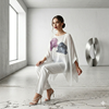 TUNICA ,blusa en gasa de seda, color arena dibujo de flores  | 2384 | Artesania Textil
