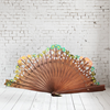 ABANICO baraja con calado,  color madera, dibujo de flor verde y naranja, madera de arce lacado, tamaño medio | 2137 | Artesania Textil