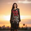 VESTIDO, PULL, calado color negro con aplicación bordada de flor en lana enfieltrada, escote en barco,  | 2477 | Artesania Textil