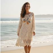VESTIDO, PULL, calado color crudo con aplicación bordada de flor en lana enfieltrada, escote en barco,  | 2478 | Artesania Textil