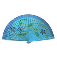 ABANICO clásico, color azul turquesa, dibujo de hojas y flores, madera de arce lacado, tamaño medio | 2159 | Artesania Textil