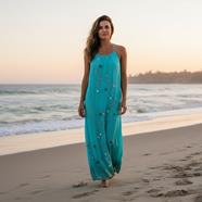  VESTIDO largo,de seda color azul, pintada a mano con florecillas aplicadas | 2534 | Artesania Textil