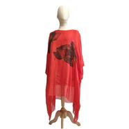 TUNICA ,blusa, vestido en gasa de seda, color rojo, dibujo de amapolas en negro | 2422 | Artesania Textil