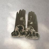 GUANTE gris, con dibujo de flores blancas y adorno de pelo vegano, interior térmico, táctil   | 2441 | Artesania Textil