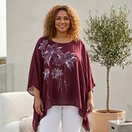 TUNICA ,blusa en gasa de seda, color granate dibujo de flores | 2522 | Artesania Textil