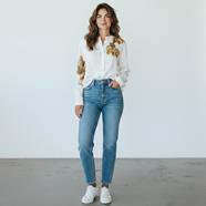 BLUSA camisa, color crudo, dibujo de flores, en viscosa saten, manga larga cuello mao | 2498 | Artesania Textil