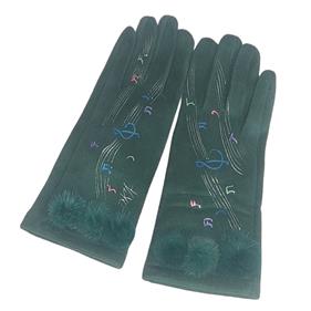GUANTE verde, con dibujo de notas musicales y adorno de pompones de pelo, interior térmico, táctil   | 2291 | Artesania Textil