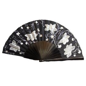 ABANICO pericón, color negro, dibujo flores blancas, en madera lacada , tamaño muy grande | 2206 | Artesania Textil