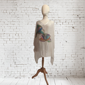 TUNICA ,blusa, vestido en gasa de seda, color piedra, dibujo de flores pintadas | 2416 | Artesania Textil