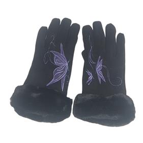 GUANTE negro, con dibujo de mariposas moradas y adorno de piel sintetica, interior térmico, táctil   | 2299 | Artesania Textil