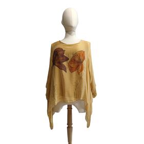 TUNICA ,blusa en gasa de seda, color mostaza dibujo de flores  | 2419 | Artesania Textil