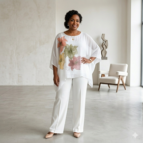 TUNICA ,blusa en gasa de seda blanca, con flores pintadas a mano | 2382 | Artesania Textil