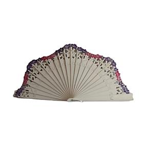 ABANICO baraja con calado,  color blanco, dibujo de flor rosa y malva, madera de arce lacado, tamaño medio | 2131 | Artesania Textil