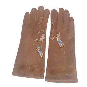 GUANTE camel, con dibujo de mariposas multicolores y adorno de borlas de pelo, interior térmico, táctil   | 2287 | Artesania Textil