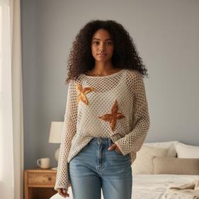 CAMISETA, PULL, calado color arena con aplicación bordada de mariposa en lana enfieltrada, escote en barco | 2480 | Artesania Textil