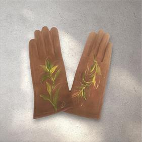 GUANTE camel , con dibujo de hojas en tonos ocres, interior térmico, táctil   | 2032 | Artesania Textil