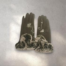 GUANTE gris, con dibujo de flores blancas y adorno de pelo vegano, interior térmico, táctil   | 2441 | Artesania Textil
