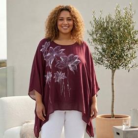 TUNICA ,blusa en gasa de seda, color granate dibujo de flores | 2522 | Artesania Textil