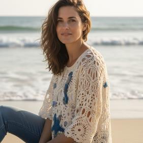 CAMISETA, PULL, calado color crudo con aplicación bordada con motivos marinos en lana enfieltrada, escote en barco, manga francesa | 2488 | Artesania Textil