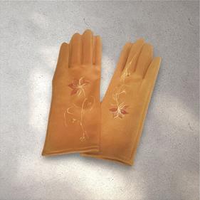 GUANTE amarillo mostaza, con dibujo de flores camel, interior térmico, táctil   | 2433 | Artesania Textil