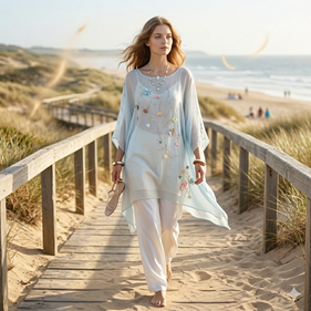 TUNICA ,blusa, vestido en gasa de seda, color gris azulado, con aplicacion de florecillas | 2229 | Artesania Textil