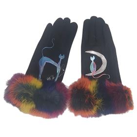 GUANTE negro , con dibujo de gato y adorno de pelo, interior térmico, táctil   | 2278 | Artesania Textil