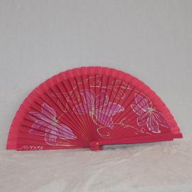 ABANICO clásico, color rosa, dibujo de flor rosa, madera de arce lacado, tamaño medio | AC/01472 | Artesania Textil