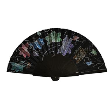 ABANICO pericón, color negro, dibujo de flores multicolor, en madera lacada , tamaño muy grande | 2406 | Artesania Textil
