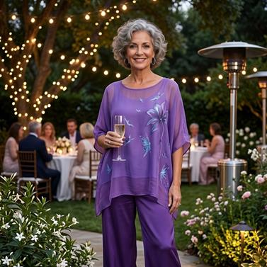TUNICA ,blusa en gasa de seda, color morado dibujo de mariposas | 2524 | Artesania Textil