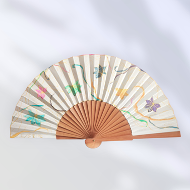 ABANICO  en seda y madera de peral, dibujo de florecillas multicolores. Talla clásico | 2150 | Artesania Textil