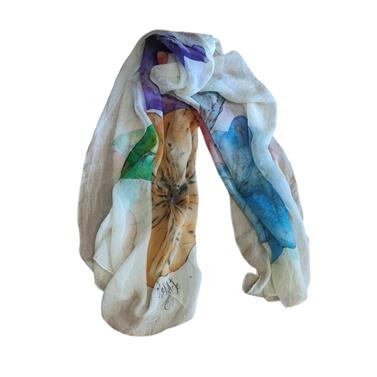 FULAR, en GASA DE SEDA, color crudo , dibujo de flor  multicolor | 01651 | Artesania Textil