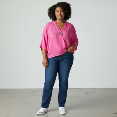 BLUSA japo, color fusia, dibujo de florecillas, en viscosa saten, manga japonesa | 2513 | Artesania Textil