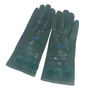 GUANTE verde, con dibujo de notas musicales y adorno de pompones de pelo, interior térmico, táctil   | 2291 | Artesania Textil