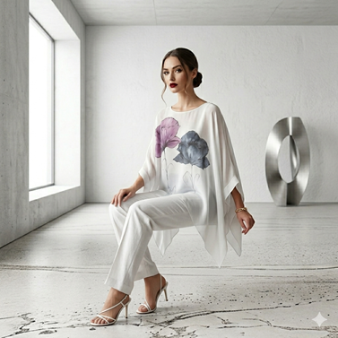 TUNICA ,blusa en gasa de seda, color arena dibujo de flores  | 2384 | Artesania Textil