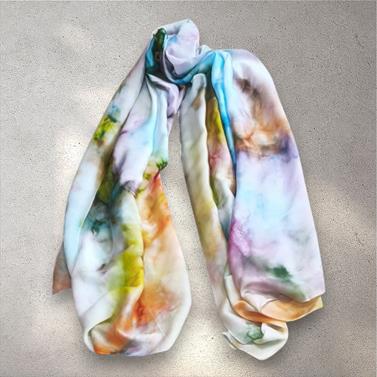 FULAR, en Seda satén, multicolor, dibujo de acuarela  shibory | 1879 | Artesania Textil