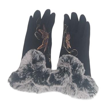 GUANTE negro , con dibujo de mariposas y adorno de pelo sintetico, interior térmico, táctil   | 2280 | Artesania Textil