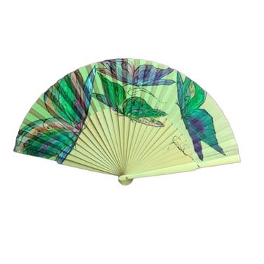 ABANICO semipericón, color verde lima, dibujo de mariposas multicolores, en madera lacada , tamaño grande | 2193 | Artesania Textil