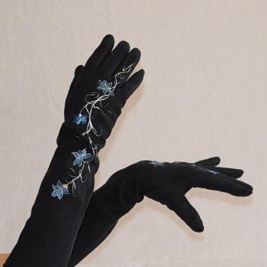 GUANTE LARGO, color azul marino, dibujo  de flor, con interior térmico, y táctil | 1821 | Artesania Textil