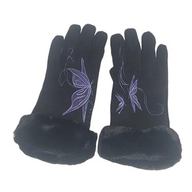 GUANTE negro, con dibujo de mariposas moradas y adorno de piel sintetica, interior térmico, táctil   | 2299 | Artesania Textil
