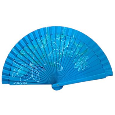 ABANICO de bolsillo, color azul turquesa, dibujo de flores, madera de arce lacada, tamaño pequeño | 2171 | Artesania Textil