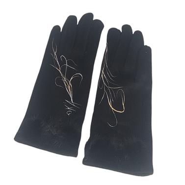 GUANTE negro, con dibujo de espiral y adorno de pompones de piel, interior térmico, táctil   | 2296 | Artesania Textil