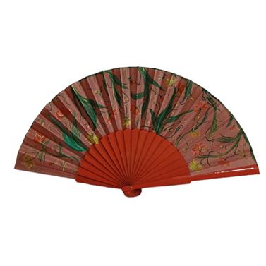 ABANICO pericón, color naranja, dibujo de florecillas, en madera lacada , tamaño muy grande | 2399 | Artesania Textil