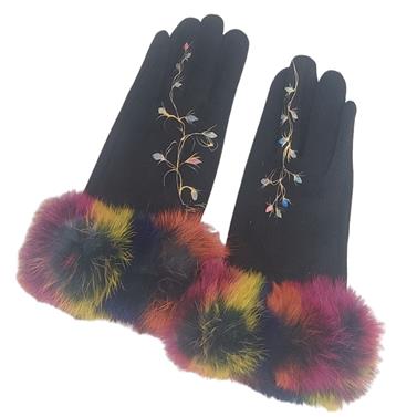 GUANTE negro, con dibujo de capullos de flor multicolores con adorno de pelo, interior térmico, táctil   | 2283 | Artesania Textil