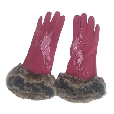 GUANTE fucsia, con dibujo de mariposas con adorno de pelo sintetico, interior térmico, táctil   | 2284 | Artesania Textil