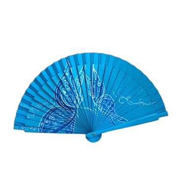 ABANICO de bolsillo, color azul turquesa, dibujo de mariposas, madera de arce lacada, tamaño pequeño | 2172 | Artesania Textil