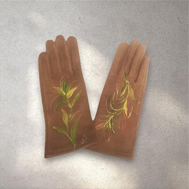 GUANTE camel , con dibujo de hojas en tonos ocres, interior térmico, táctil   | 2032 | Artesania Textil