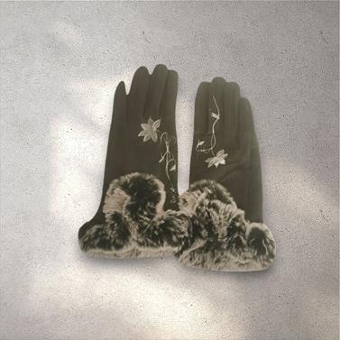 GUANTE gris, con dibujo de flores blancas y adorno de pelo vegano, interior térmico, táctil   | 2441 | Artesania Textil