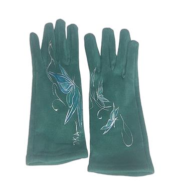 GUANTE verde, con dibujo de mariposas turquesas, interior térmico, táctil   | 2286 | Artesania Textil